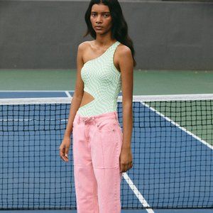 Source Unknown cut out one piece green and white swim